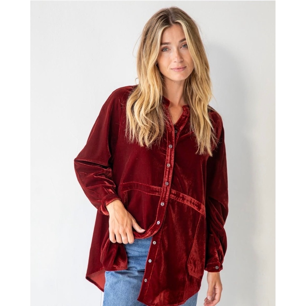 Natural Life Velvet Button Down Tunic Top Rust Red Oversized XXL Shirt